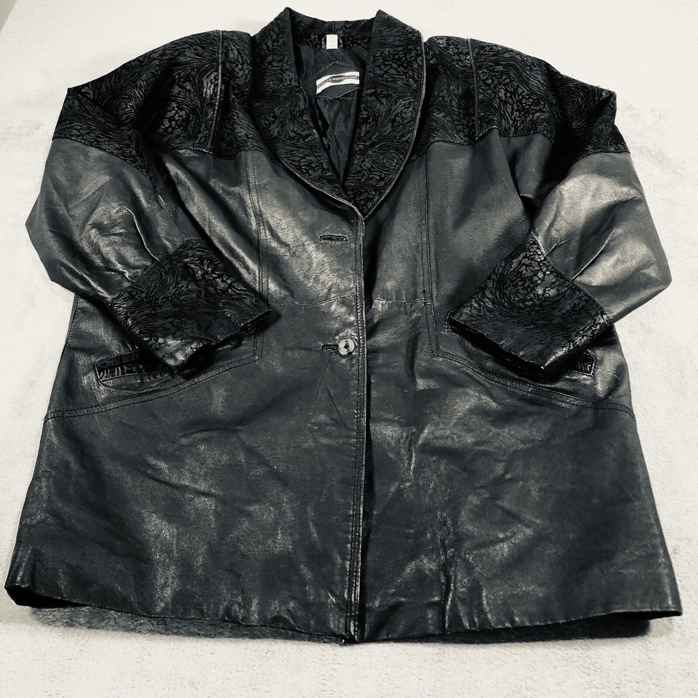 Outbrook Leather Coat Womens Large Black Long Baroque Suede Detail 80s Vintage